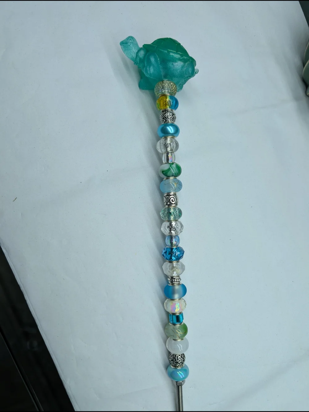 Blue Green Beaded Fairy Wand/Plant/Garden Stake W/Resin Turtle Topper 🐢